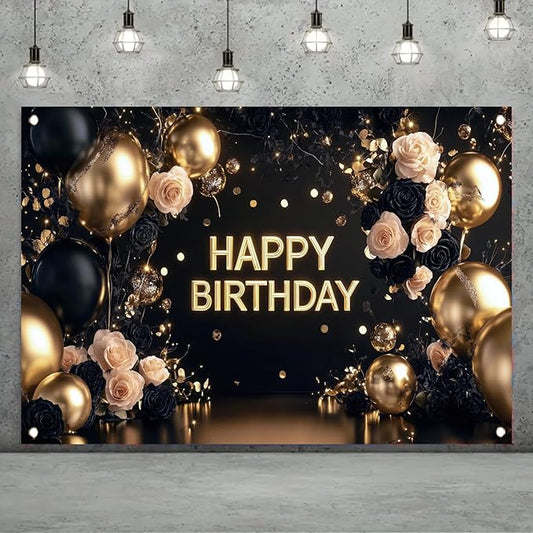 Black Gold Happy Birthday Backdrop Banner Elegant Rose Floral Balloon Photography Background Luxury Birthday Party Decoration Banner Photo Booth Props 71x43 Inch