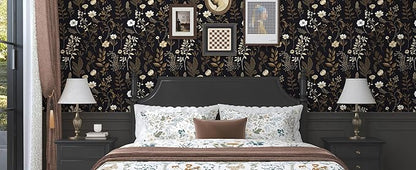Vintage Dark Floral Small Roll Peelable Wallpaper 17.5" x 78", Moody Black Leaf Botanical Contact Paper for Drawer and DIY Craft, Retro Self Adhesive Wall Paper Brown Taupe Wall Art Decor