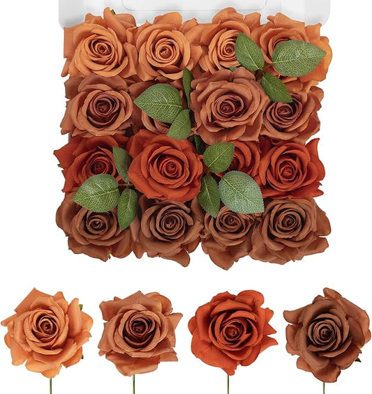 TINGE TIME Artificial Flowers Combo Box Set 16pcs Fake Rose Silk Flower with Stem for DIY Wedding Bouquets Centerpieces Baby Shower Party Home Fall Decoration (Gradient Terracotta)