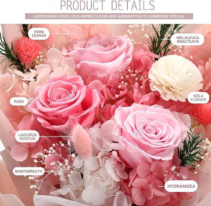 Preserved Flowers for Delivery, Pink Flower Bouquets with Necklace, Forever Real Roses Anniversary Birthday Gifts for Women Mom Wife Girlfriend, Fresh Flowers for Valentines Day Christmas