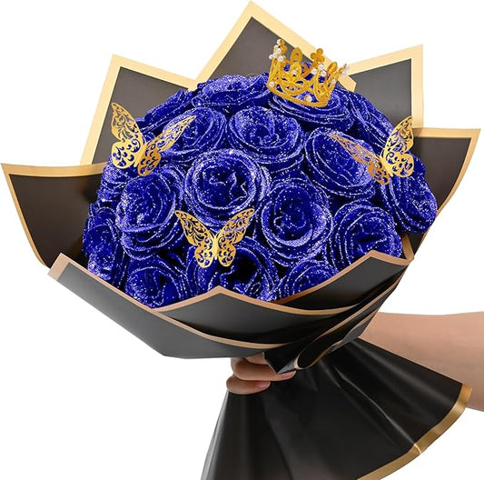 Waipfaru 24 Pcs Glitter Roses Bouquet, DIY Fake Flowers Bouquet, Artificial Blue Rose Bouquet for Valentines, Mothers Day Gifts, Anniversary, Engagement, Wedding