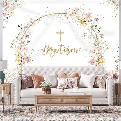 Baptism Backdrop God Bless Floral Golden Dots First Holy Communion Christening Photography Background Baptism Party Decoration Supplies Baby Shower Banner Photo Booth Studio Props 7x5ft