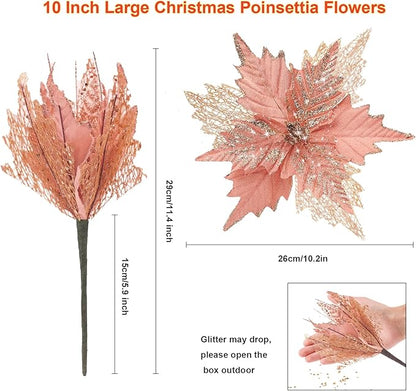 10'' Large Christmas Glitter Poinsettia Flowers Decorations, stadeco 10 Pcs Christmas Tree Picks Ornaments Artificial Flowers with Long Stems for Xmas Tree Wreath Garland Wedding Party DIY Decor