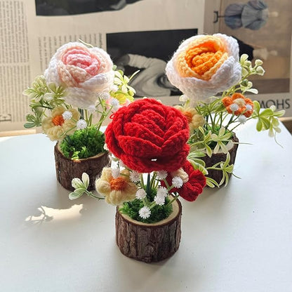 Handmade Crochet Rose Bouquet Knitted Creative Potted Plant Cute Home Desktop Decorations and Gifts for Friends, Lovers, Classmates (Pink Roses)