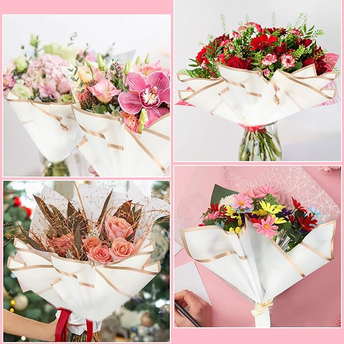 Yahenda 420 Sheet Flower Wrapping Papers Flower Bouquet Paper with Gold Edge Korean Style Bouquet Wrapping for Floral Supplies Wedding Anniversary DIY Gifts, 23 x 23 Inch(White)