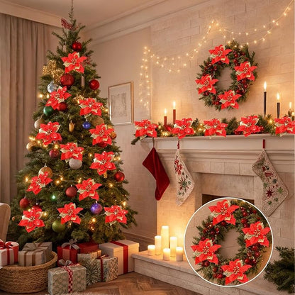 24 Pcs Christmas Poinsettia Flowers Artificial with Clips, 5.9" Christmas Decor Glitter Poinsettia Flowers for Christmas Tree New Year Wedding Party Wreath DIY Garland Decor (Red)