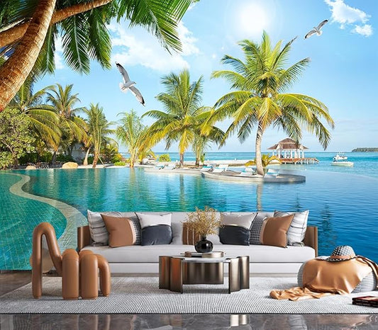Eierme-Luxury Beach Resort Background Mural Wallpaper Peel and Stick 90" x 67"