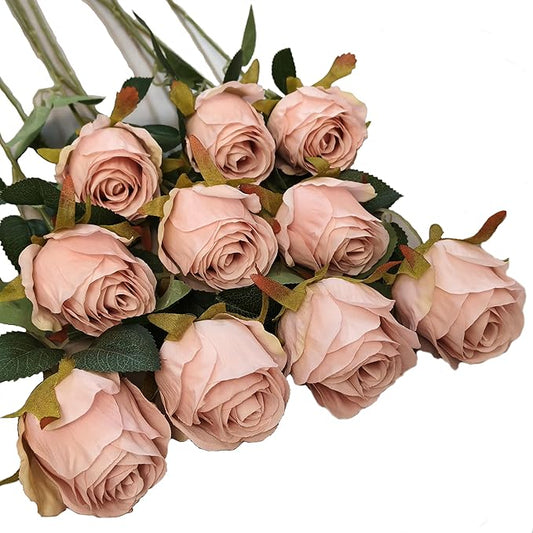 Artificial Roses 10 Pcs - Lifelike Single Stem Fake Roses with Natural Petal Texture,Fade-Resistant Silk Flowers for Wedding Decor,Home Vase Arrangements,Party Centerpieces(10, Light Pink)