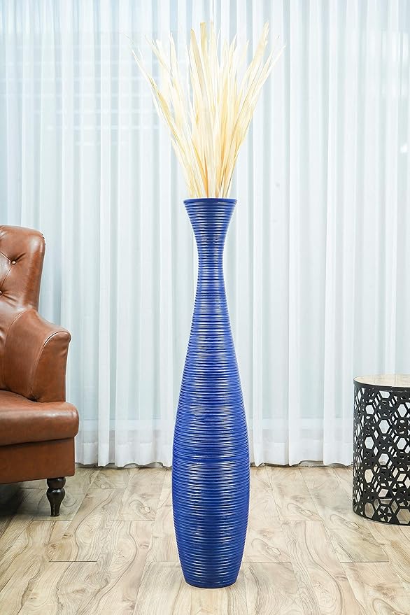 Leewadee Large Blue Home Decor Floor Vase - Wooden 41 inch Tall Farmhouse Decor Flower Holder for Fake Plant and Pampas Grass