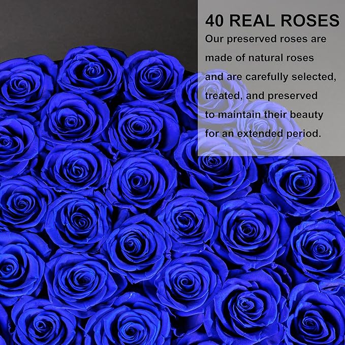 40 Pieces Preserved Roses in Suede Box, Flowers for Mothers Day, Preserved Flowers Gift for Women, Royal Blue