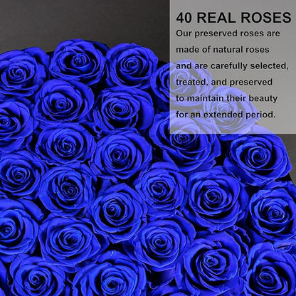 40 Pieces Preserved Roses in Suede Box, Flowers for Mothers Day, Preserved Flowers Gift for Women, Royal Blue