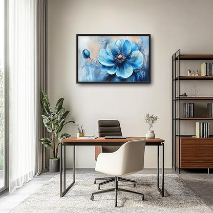 Extra Large Abstract Blue Flower Framed Wall Art for Living Room,Oversized Elegant Floral Pictures Wall Decor,Canvas Print Painting Modern Artwork Bedroom Office Bathroom 36L x 24W