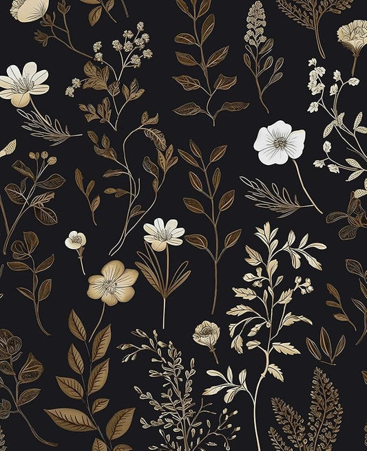 Extra Long Moody Floral Wallpaper Peel and Stick, 17.5In x 393In Black Dark Gold Botanical Removable Contact Paper for Bedroom Bathroom Kitchen Cubicle, Boho Flower Wall Paper Brown Taupe