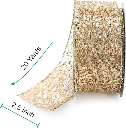 CT CRAFT LLC Sparkling Glitter Mesh Wired Ribbon 2.5" x 20 Yards Champagne Gold for Christmas Home Decor Bow Gift Wrapping DIY Crafts Wreath