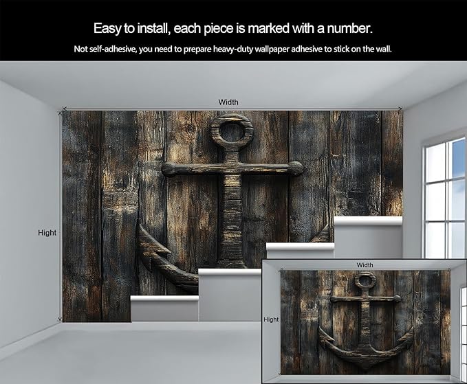 Nautical Anchor Wall Mural, Coastal Style Anchor 3D Wall Murals, Ocean Nautical Wallpaper Mural, for Living Room Bedroom Large Wallpaper Indoor Decor 98.4" W x68.9 H