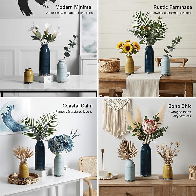 Ceramic Vase Set of 3, Farmhouse Rustic Decorative Vase for Home Decor, Modern Glazed Vase, Table Centerpiece for Living Room, Shelf, Bedroom, Kitchen (Colorful Cracks)