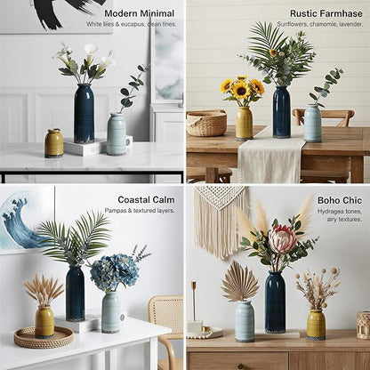 Ceramic Vase Set of 3, Farmhouse Rustic Decorative Vase for Home Decor, Modern Glazed Vase, Table Centerpiece for Living Room, Shelf, Bedroom, Kitchen (Colorful Cracks)