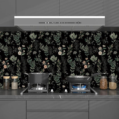 Black Green Leaf Wallpaper Peel and Stick Vintage Taupe Green Floarl Contact Paper 17.4" X 118" Moody Wallpaper Waterproof Self-Adhesive Wall Covering for Bedroom Countertop Desk Cabinets Decor