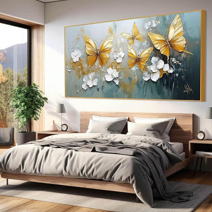 Butterfly Canvas Wall Art, Butterfly and Flower Wall Decor, Butterfly Prints, Abstract Textured Canvas Wall Art, Artwork for Walls, Oil Painting Wall Art, Wall Decor Living Room (Gold Frame, *23"x12"|60x30cm)
