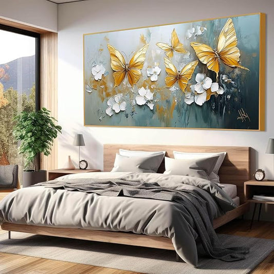 Butterfly Canvas Wall Art, Butterfly and Flower Wall Decor, Butterfly Prints, Abstract Textured Canvas Wall Art, Artwork for Walls, Oil Painting Wall Art, Wall Decor Living Room (Gold Frame, *47"x23"|120x60cm)