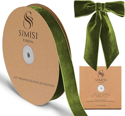 Olive Green Velvet Ribbon 1'' 25 Yards for Christmas Tree, Gift Wrapping, Flower Bouquet, Wreath Decorations, Bow Making