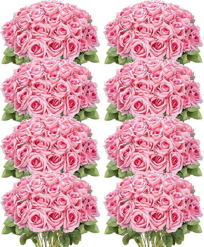 Hotop 120 Pcs Roses Artificial Flowers in Bulk,Long Stem Artificial Flower Bouquet,Silk Real Touch Fake Rose for Wedding Party Table Centerpieces Decor Valentines Gifts(Bright Pink)