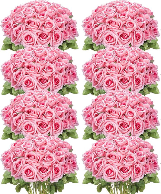 Hotop 120 Pcs Roses Artificial Flowers in Bulk,Long Stem Artificial Flower Bouquet,Silk Real Touch Fake Rose for Wedding Party Table Centerpieces Decor Valentines Gifts(Bright Pink)