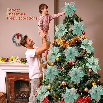 10'' Large Christmas Glitter Poinsettia Flowers Decorations, stadeco 10 Pcs Christmas Tree Picks Ornaments Artificial Flowers with Long Stems for Xmas Tree Wreath Garland Wedding Party DIY Decor