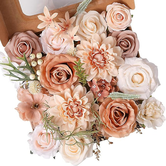 Artificial Flowers Combo, Mix Silk Flowers Roses, Peonies, Dahlias with Stems for DIY Wedding Bridal Bouquet, Baby Shower, Table Centerpieces, Home Decor, Fake Floral Arrangements-Boho Nude