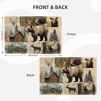 Rustic Bear Deer Fox Cabin Placemats Set of 6, Farmhouse Lodge Place Mats, Country Brown Bear Dining Table Mats, Washable Placemats for Kitchen Dining Room 18L'' × 12W''