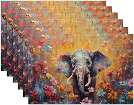 Elephant with Flowers Watercolor Placemats Set of 6 Washable Table Mats for Kitchen Dining Table,Heat-Resistant Place Mats for Indoor Outdoor Party Holiday Decoration