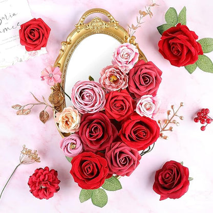 AGIRL Red Artificial Flowers Combo Fake Flowers Red Rose Silk Flowers Fake Floral Arrangements for DIY Wedding Bouquets Centerpieces Table Decor Baby Shower Home Decor