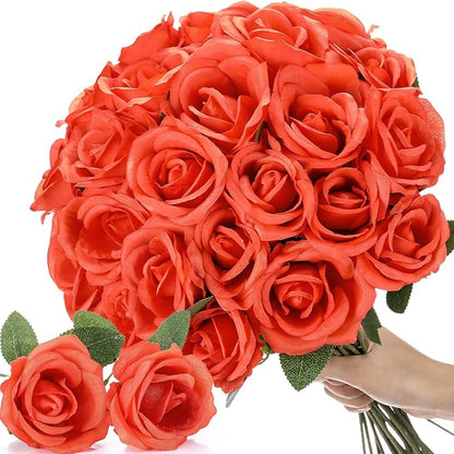 Jexine 60 PCS Artificial Roses Bulk Silk Flowers with Long Stems, Realistic Faux Rose Bouquet for Wedding Centerpieces, Valentine’s Party, Home Decor(Orange)