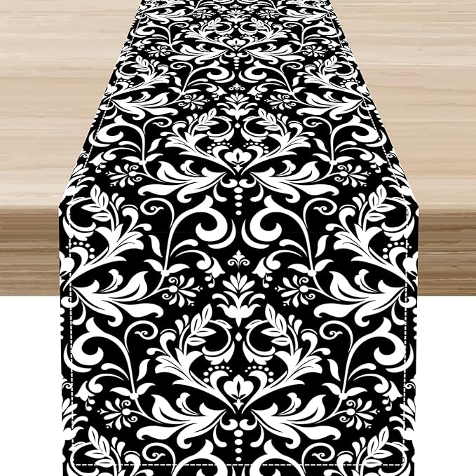 Black Damask Table Runner, Rustic Vintage Floral Antique Victorian Style Print Table Decor for Home Kitchen Dining Patio Holiday Party Indoor Outdoor Table Decorations 13x36 inch