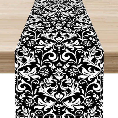 Black Damask Table Runner, Rustic Vintage Floral Antique Victorian Style Print Table Decor for Home Kitchen Dining Patio Holiday Party Indoor Outdoor Table Decorations 13x36 inch