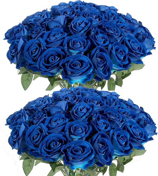 50Pcs Blue Roses Artificial Flowers Fake Roses Faux Velvet Silk Flower for Home Wedding Decoration (Pearl Rose, Blue)
