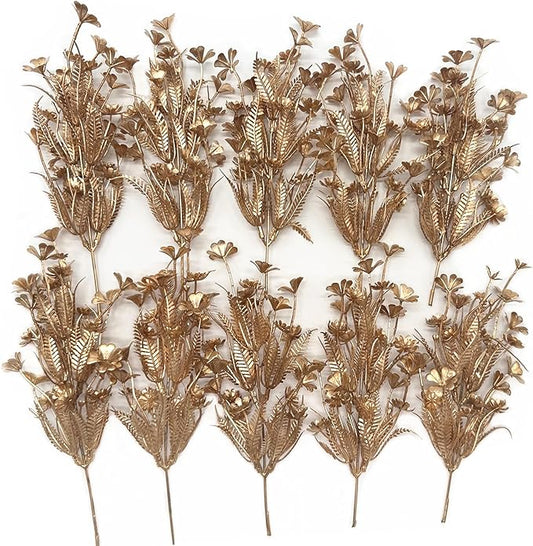 Artificial Golden Plants Decor, Fake Glitter Clover Stem Plastic Flowers Faux Simulation Good Luck Grass Stems Twigs for Wedding Picks Decoration DIY Wreath Crafts Christmas Tree Filler - Gold 10 Pcs