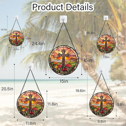 Christian Gifts for Women - Cross Stained Glass Window Hanging Jesus Easter Poppy Sunset Landscape Sun Catcher Garden Religion Decor Mother's Day Catholic Gift for Men Grandma Mom Her 9.8"