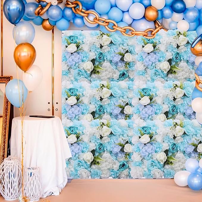 Flower Wall Panel Floral Backdrop,6Pack Faux Flower Panel,Blue and White Flower Wall Decor,Artificial Flower Backdrop Faux Flower Panel for Wedding