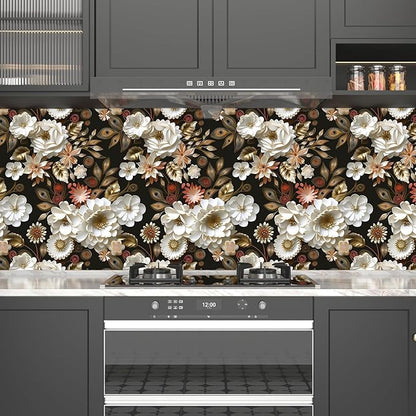 Vintage Wallpaper Peel and Stick Dark Floral Contact Paper 17.5in x 118in White Gold Flower Wallpaper Vinyl Waterproof Self Adhesive Boho Leaf Botanical Wall Paper for Bedroom Cabinet Table Decoration