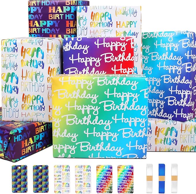 BWLOIES Wrapping Paper Birthday Wrapping Paper Sheets Hradient Multi-colour Happy Birthday Paper Set Include Bday Gift Wrap withTags & Ribbon,Present wrap for Boys Men Girls Women