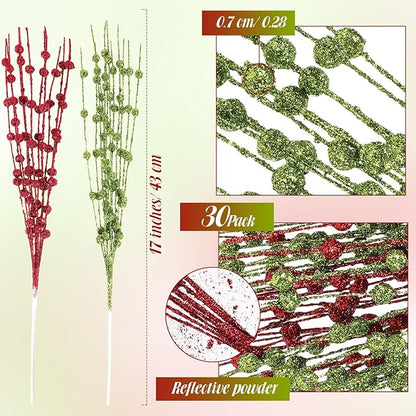 Geosar 30 Pcs Christmas Artificial Glitter Berry Stem Decorations 17 Inch Faux Stick Floral Pick Centerpiece Bouquet Flower Bead Twigs for Centerpiece Tree Wreath Xmas Ornaments Home(Green and Red)