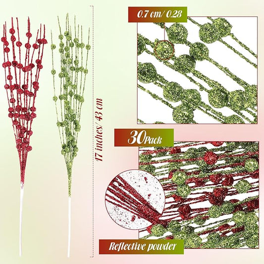 Geosar 30 Pcs Christmas Artificial Glitter Berry Stem Decorations 17 Inch Faux Stick Floral Pick Centerpiece Bouquet Flower Bead Twigs for Centerpiece Tree Wreath Xmas Ornaments Home(Green and Red)