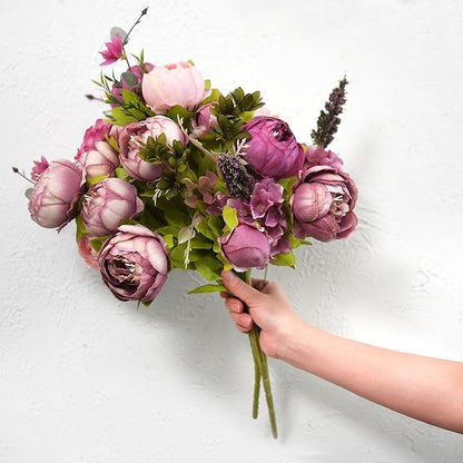 FiveSeasonStuff Soft Peach Pink and Magenta Red Vintage Artificial Peonies Silk Flowers and Hydrangeas for Wedding Bridal Home Decor – Beautiful Floral Centerpiece Bouquet (Celestial Beauty)