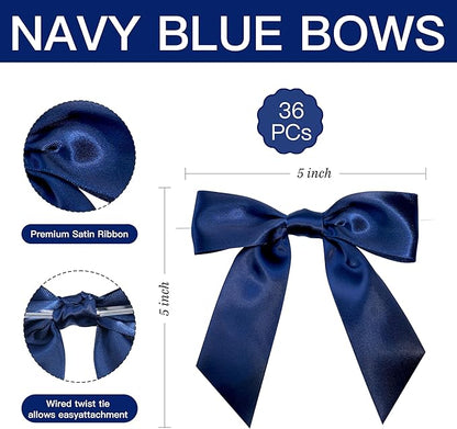 Navy Blue Satin Ribbon Twist Tie Bows 5 Inch Pre-Tied Blue Gift Bows for Crafts, Treat Bags, Party Favors, Wedding, Baby Shower, Candy Apple, Christmas Tree (36 Pack)