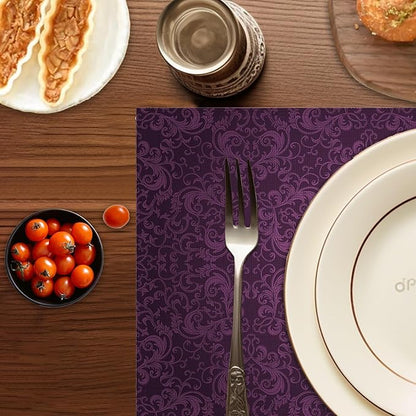 Purple Placemats Set of 6,Eggplant Color Mandala Floral Design Place Mats, Washable Heat Resistant 12×18 Inch Linen Table Mats for Kitchen Dining, Boho Home Decor