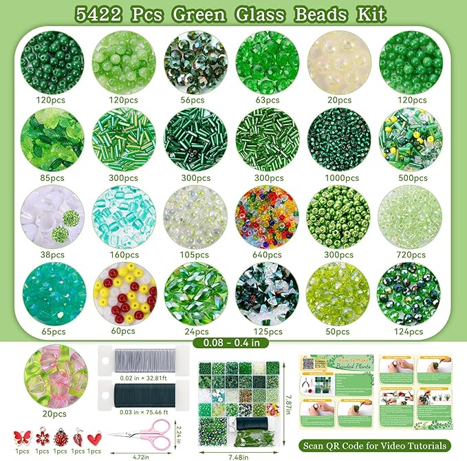FOGWOWO 5422 Pcs Beaded Plant Kit Green Glass Beads for Plant Making with Video Tutorials,Green Beads for Beaded Plants Nature Colorful Crystal Glass Leaf Bead for DIY Crafts Plants Lover Gifts