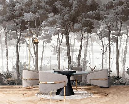 Vintage Forest Wall Mural Dark Trees Animals Wallpaper for Living Room Bedroom（Not Peel and Stick）