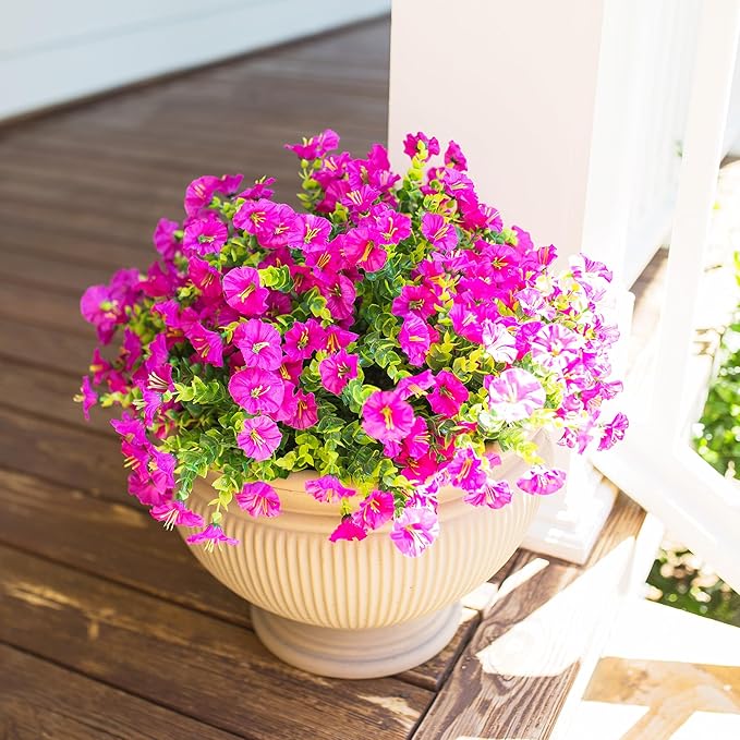 HyeFlora Artificial Flowers for Outdoors Fake Plants, 12 Bundles Faux Fuchsia Morning Glory UV Resistant Look Real Silk Flowers for Outside Planter Front Door Porch Patio Yard Fall Autumn Decoration