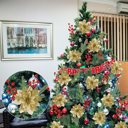 24 PCS Poinsettia Flower Artificial Gold Christmas Flowers Artificial 5.5'' Glitter Poinsettias Artificial Christmas Tree Flower with Clips DIY Xmas Wreath Holiday New Year Home Party Decor